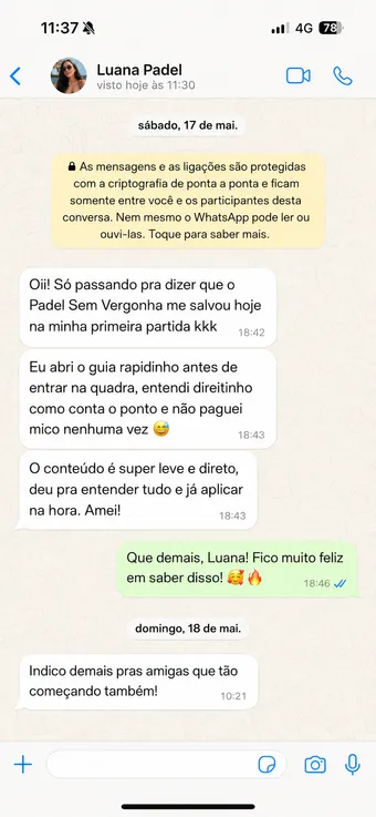 Print de depoimento: aluna evitou pagar mico na primeira partida usando o guia antes de entrar na quadra