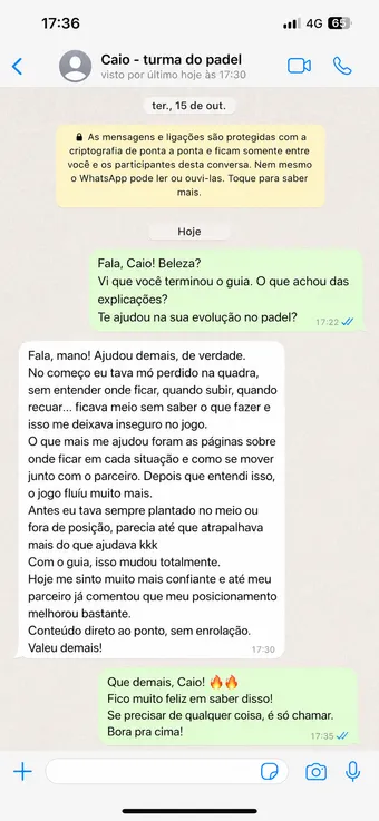Print de depoimento: aluno que se sentia perdido e inseguro na quadra relata que o guia resolveu o posicionamento